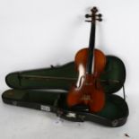 A Vintage violin, back length 36cm with bow and case