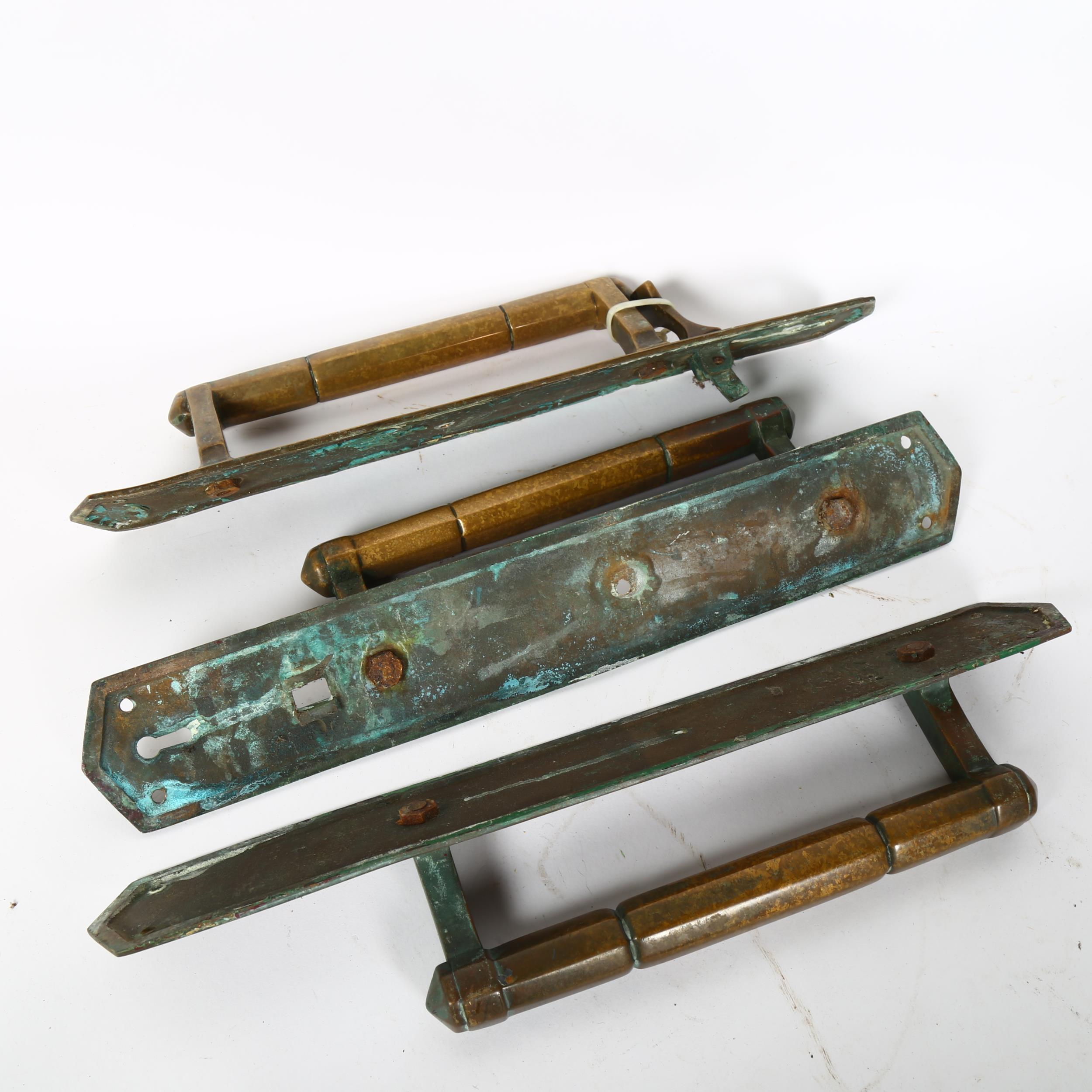 A set of 3 Antique cast-brass door handles, plate length 40cm - Image 2 of 2