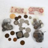 Various Vintage world coins and banknotes, including 10 shillings banknotes, and various dollar