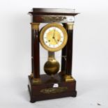 A 19th century mahogany 8-day 4-pillar portico clock, with a white enamel and gilded dial, and