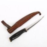 A Finnish Normark filleting knife and leather sheath, blade length 16cm