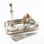 A group of silver plate on copper items, to include biscuit barrel, single fluted candlestick,