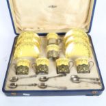 An Aesthetic Movement Coalport silver-mounted yellow glaze ceramic coffee set for 6 people, with