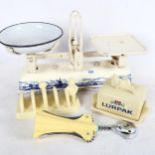 Dutch Delft balance scales with transfer decoration, stamped Krups Roberval, a Lurpak toast rack and