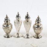 4 small engraved and embossed silver pepper pots