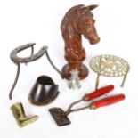 Various horse related items, including large turned mahogany knight, pair of A Martin & Co horse