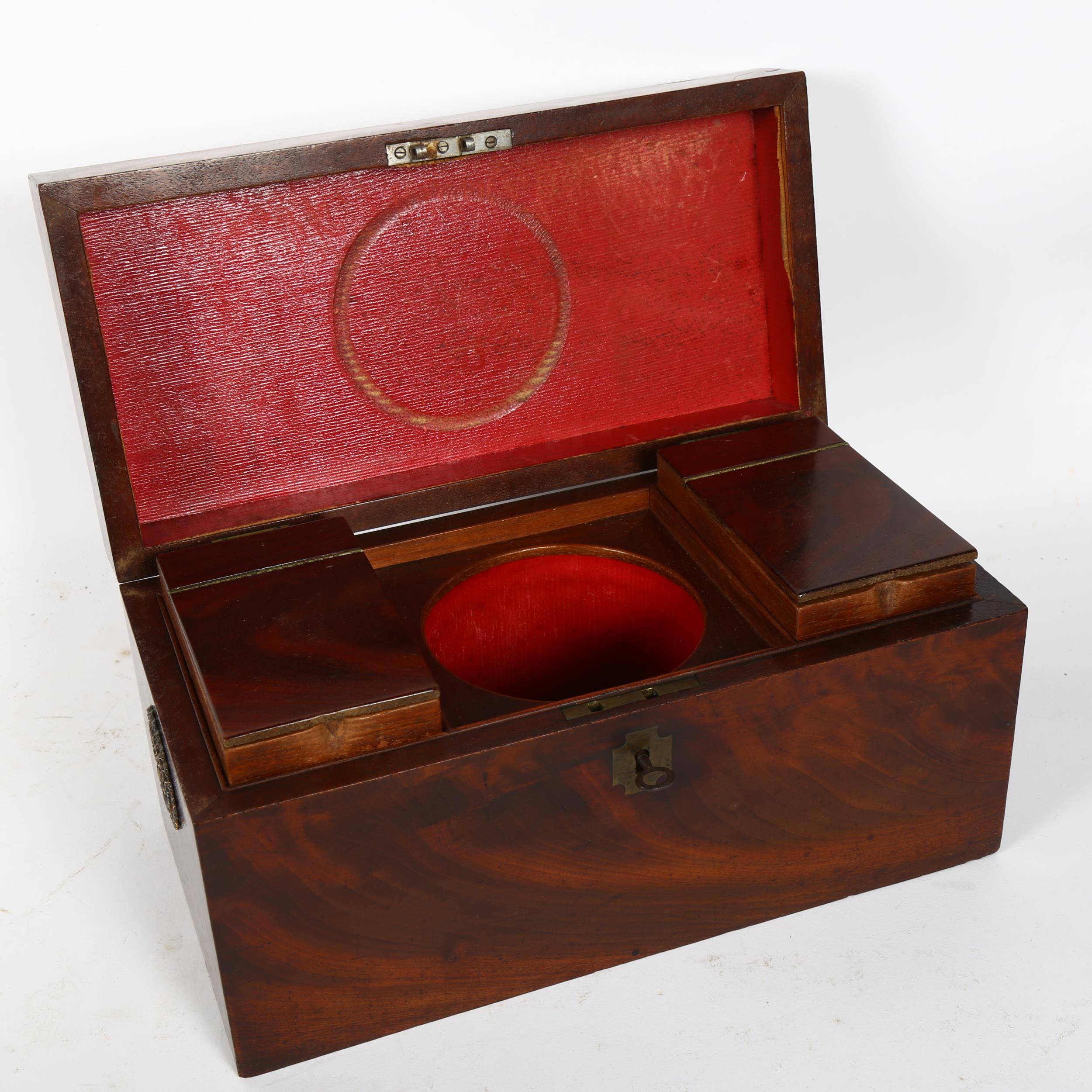 A Regency flame mahogany tea caddy, with removeable fitted boxes, W31cm, H16cm, D15cm - Image 2 of 2