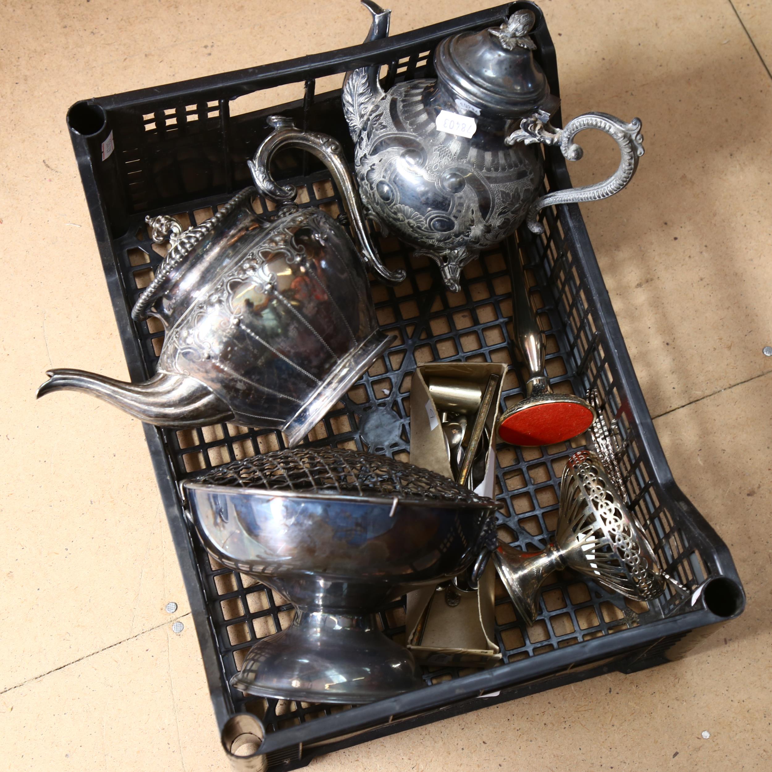 A silver plated teapot, plated rose bowl, a small plated bon bon dish, teaspoons etc (boxful) - Image 2 of 2