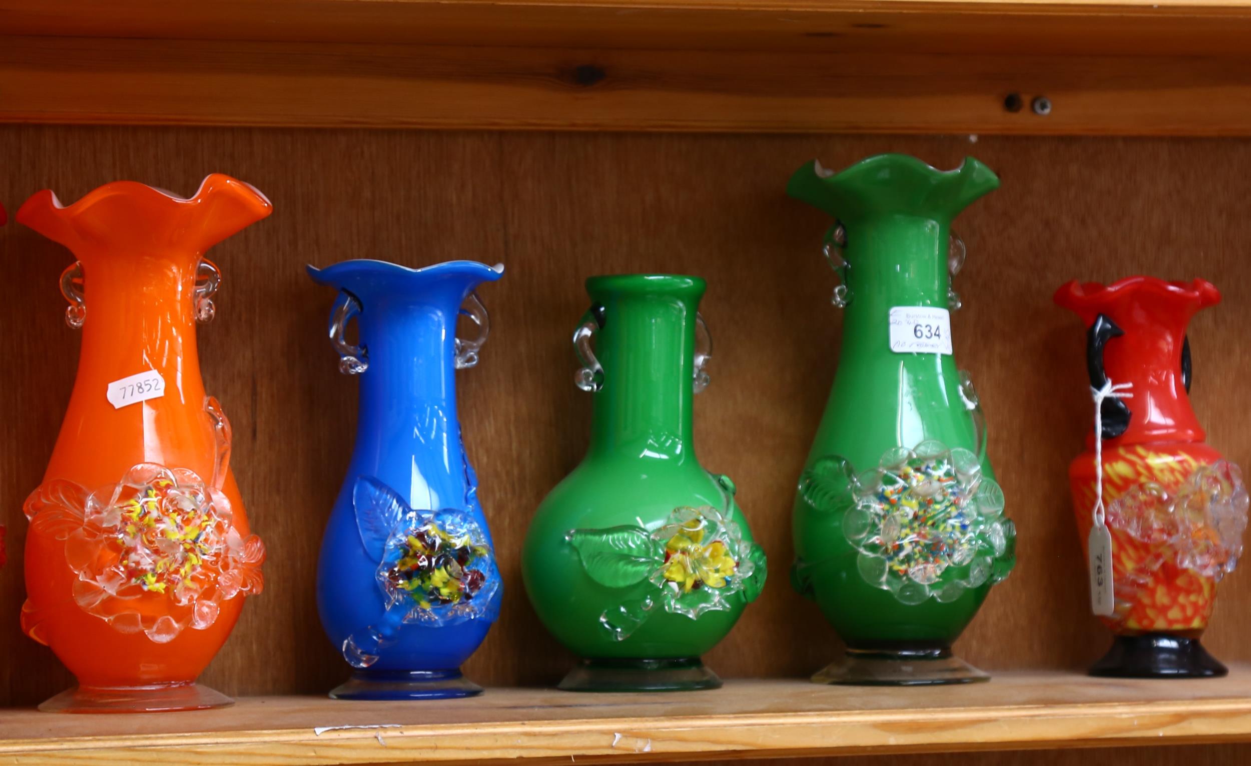 A shelf of colourful 1950s glass vases with applied floral decoration, tallest 25cm - Image 2 of 2