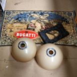 Aluminium Bugatti sign, 2 mid-century smoky perspex ceiling light shades etc