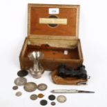 Various coins, silver fruit knife, pair of opera glasses, Greek silver vase etc
