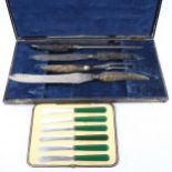 A Victorian horn-handled 4-piece carving set, in fitted case (1 piece missing), and a cased set of 6