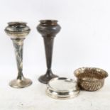 A pair of silver vases, height 19cm, a small fluted silver bowl, and a silver stand (4), 6.6oz