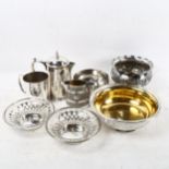A group of silver plated items, to include a Christofle bowl, James Dixon & Sons milk jug, a pair of