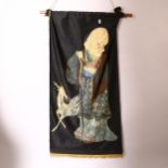 A silk needlework panel of a sage, 115cm x 54cm