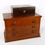 A pine and mahogany table-top chest of drawers, and a small Victorian rosewood sewing box, largest