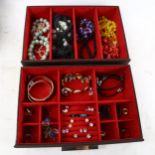 Various stone bead and other costume jewellery, earrings etc, and a fitted 2-drawer jewellery box