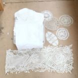 Various table linen, and 1 long bobbin lace curtain with fringes