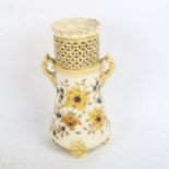 ZOLNAY PECS - a cream ground reticulated 2-handled vase, with painted enamelled and gilded