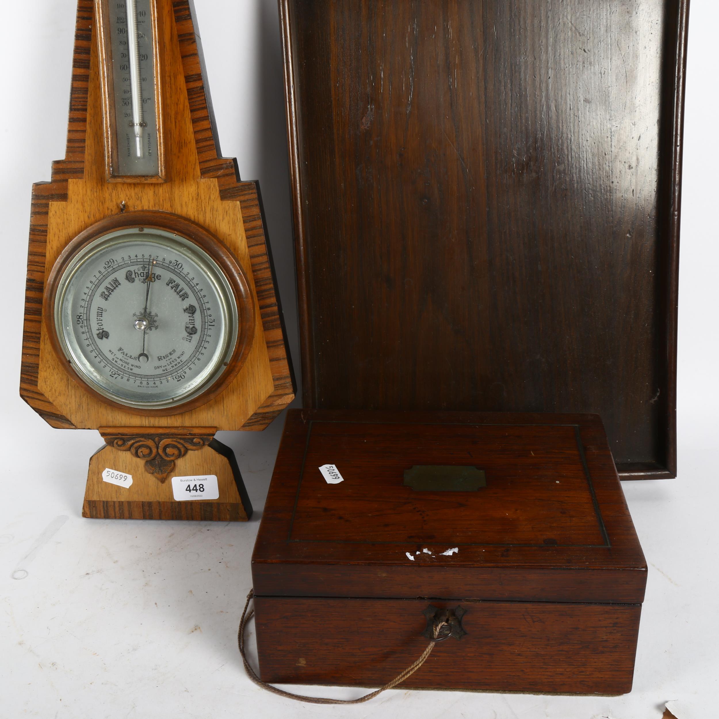 A rosewood 2-handled tea tray, mahogany sewing box and a barometer (3) - Bild 2 aus 2