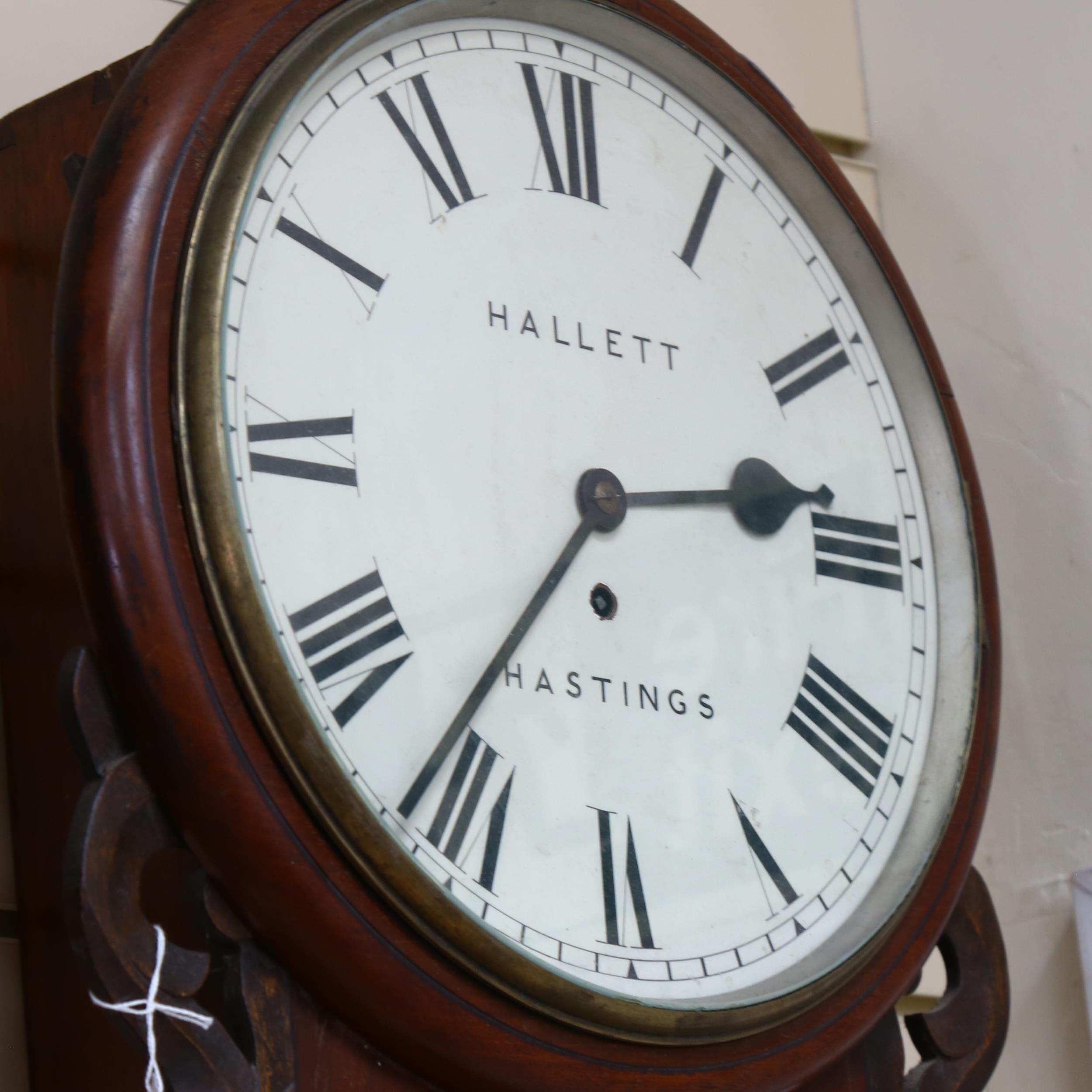 A 19th century mahogany drop-dial wall clock, with 8-day fusee movement, dial signed Hallett, - Bild 2 aus 2
