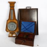 A rosewood 2-handled tea tray, mahogany sewing box and a barometer (3)