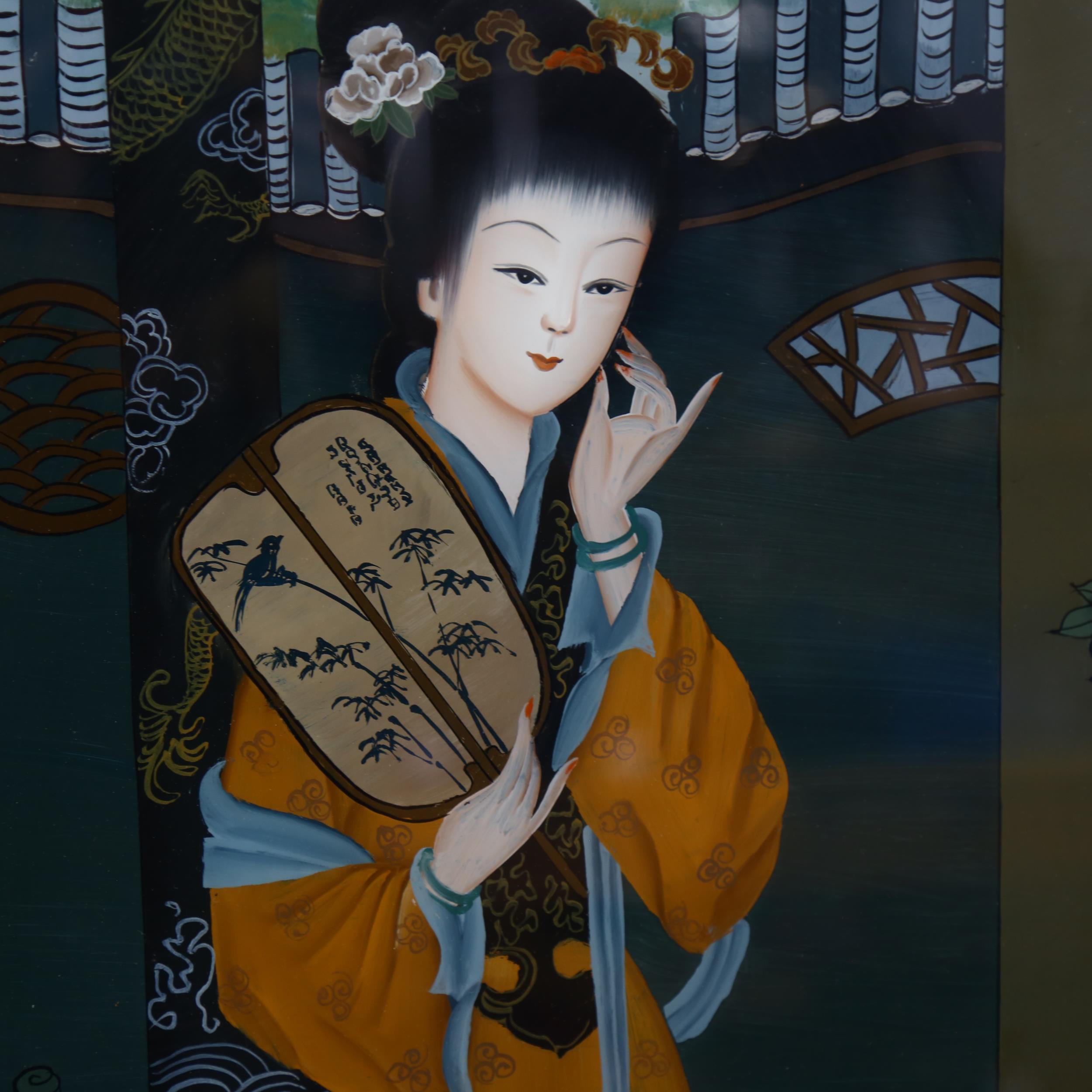 2 Japanese reverse paintings on glass, both framed, largest overall 71cm x 50cm (2) - Image 2 of 2