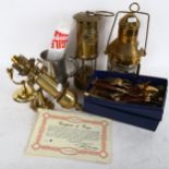 A French Gaudard nautical gimballed lamp, a Cambrian miner's lamp, another, pewter tankard, brass