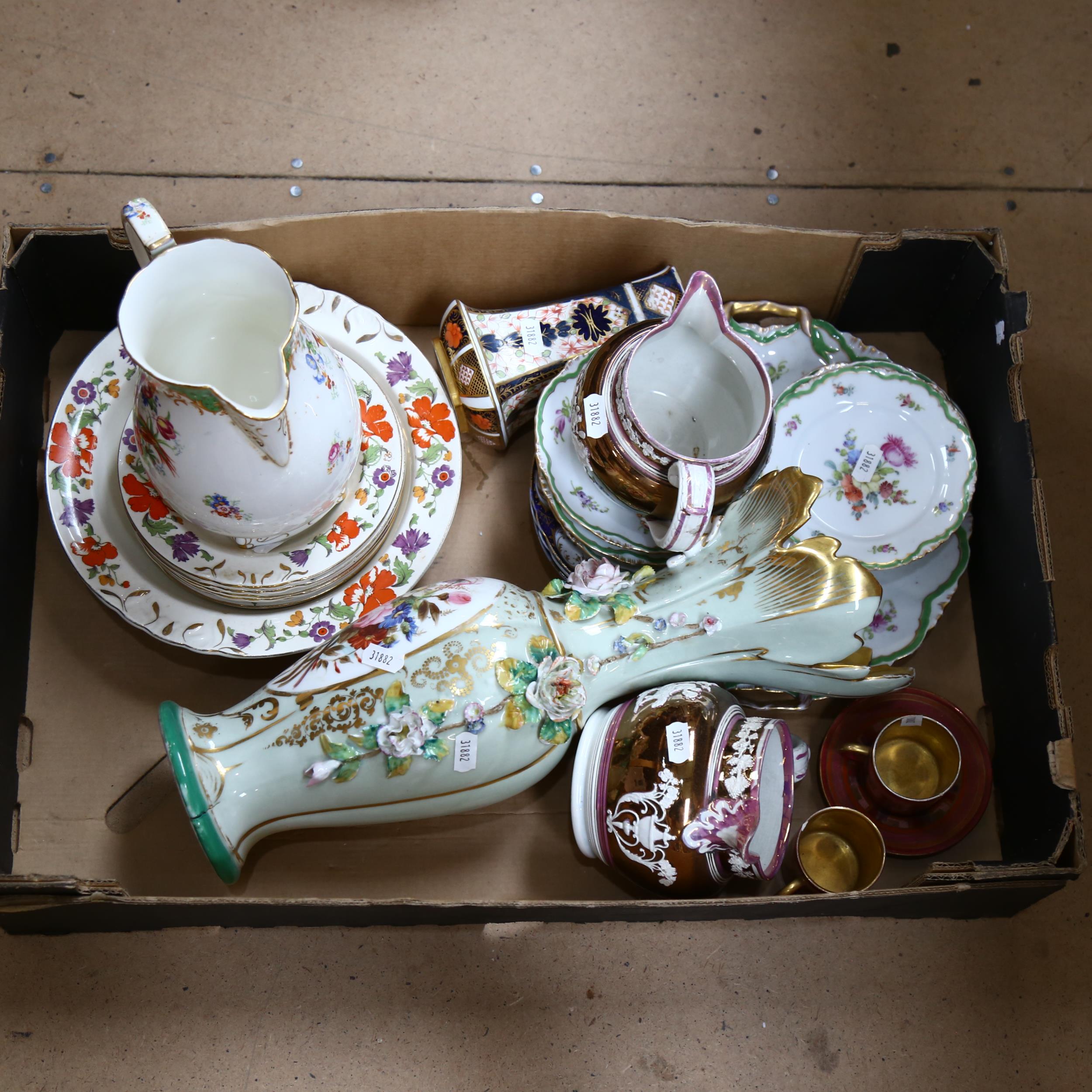 Various ceramics, including Paragon water jug, Dresden saucers, Sunderland lustre jugs etc