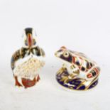 A Royal Crown Derby puffin and a Royal Crown Derby frog, both with silver stoppers, puffin height