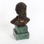 A small bronze sculpture "Sophocles", on stepped green marble base, unsigned, height 17cm