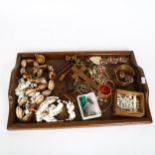 Various collectables, including oak tea tray, cowrie shell necklace, jewellery set etc
