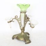 An Art Nouveau Walker & Hall EPNS table centre epergne, with central green glass funnel, model no.