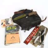 Various militaria, including US M8 bayonet scabbard, red enamel Danger sign, bike seat etc