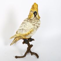 A large reproduction cold painted bronze figural parakeet bird sculpture, height 30cm