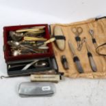 Various silver-handled manicure items, bone-handled manicure items, silver tea spoon, spectacles etc