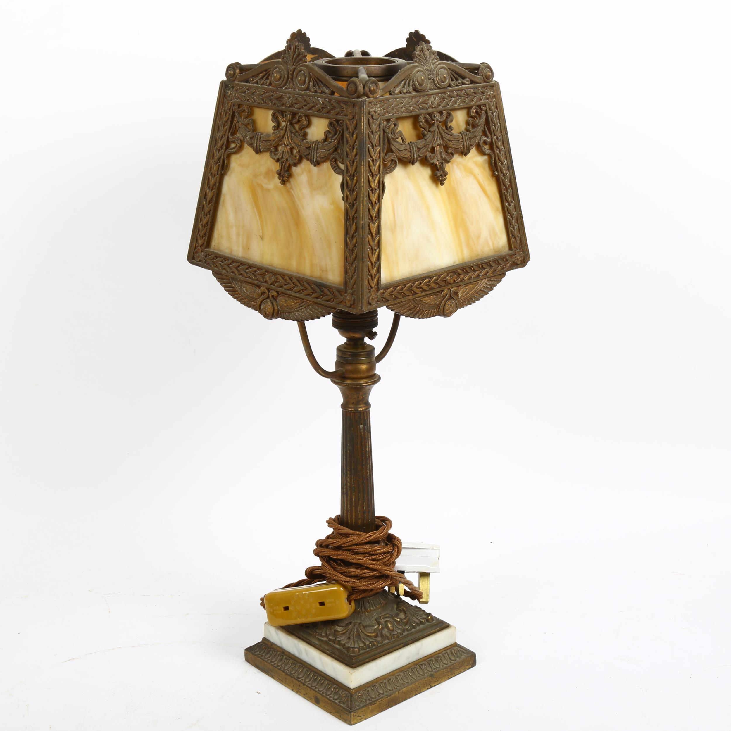 A mid-20th century brass and marble column table lamp, with mottled glass panel shade, overall