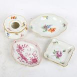 A Meissen ink stand, with floral painted decoration, and 2 small Meissen pin dishes, a small Dresden