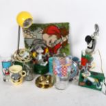A collection of Bugs Bunny memorabilia, including clock, stick telephone, mugs etc