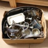 A large collection of mixed plated ware, to include candelabra, serving trays, cruets, ice bucket,