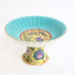 A Chinese yellow and turquoise ground porcelain stem bowl, 6 character mark on base, height 9cm,