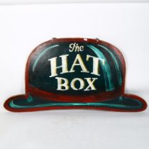 A large hand painted 'The Hat Box' double-sided advertising sign, W110cm, H55cm