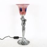 An Art Nouveau design table lamp and shade, with figural column, height 44cm