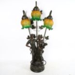 A large Art Nouveau style patinated resin figural table lamp and shades, height 74cm