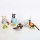 Royal Copenhagen porcelain Terrier with slipper, and a Copenhagen sparrow, 2 Beatrix Potter figures,