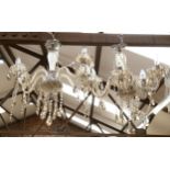 A pair of modern glass and chrome 5-branch chandeliers (A/F), height 60cm approx