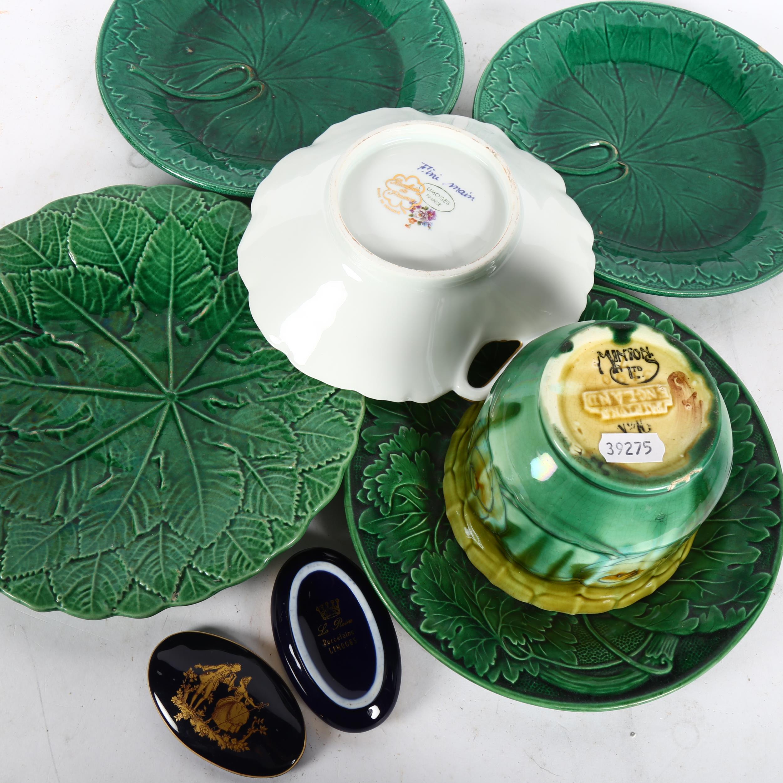 4 Majolica green leaf plates, a Limoges pot and cover, an Art Nouveau Minton's jardiniere etc - Bild 2 aus 2