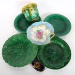 4 Majolica green leaf plates, a Limoges pot and cover, an Art Nouveau Minton's jardiniere etc