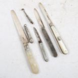 2 mother-of-pearl handled and silver-bladed fruit knives, a silver fruit knife, a miniature silver-