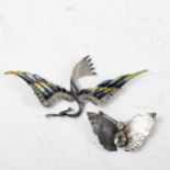 A silver and stone set butterfly design brooch, and a Continental silver and enamel swallow design